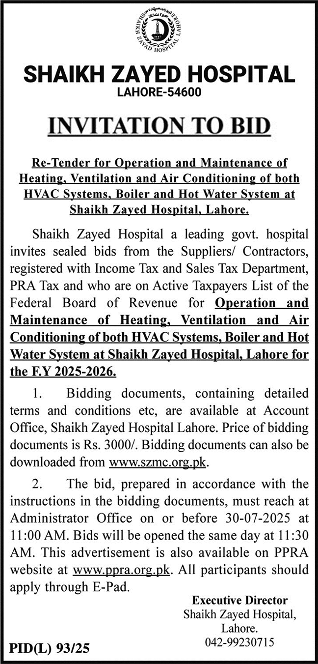 Shaikh Zayed Hospital Lahore Tender Notice